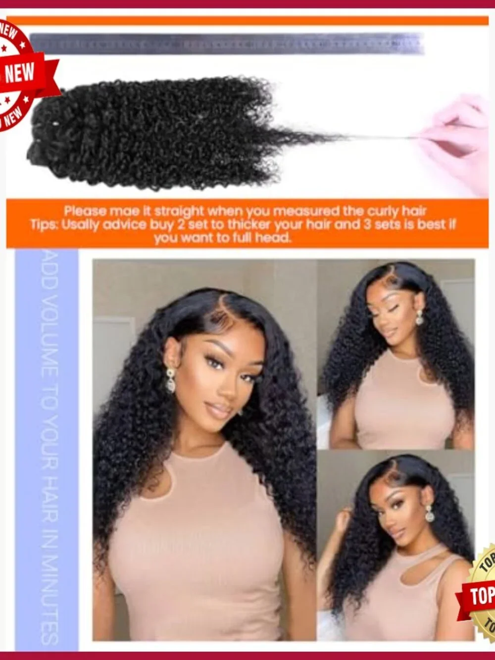 Real Human Hair Clip-In Extensions 14 Inch Kinky Curly 8 Pieces